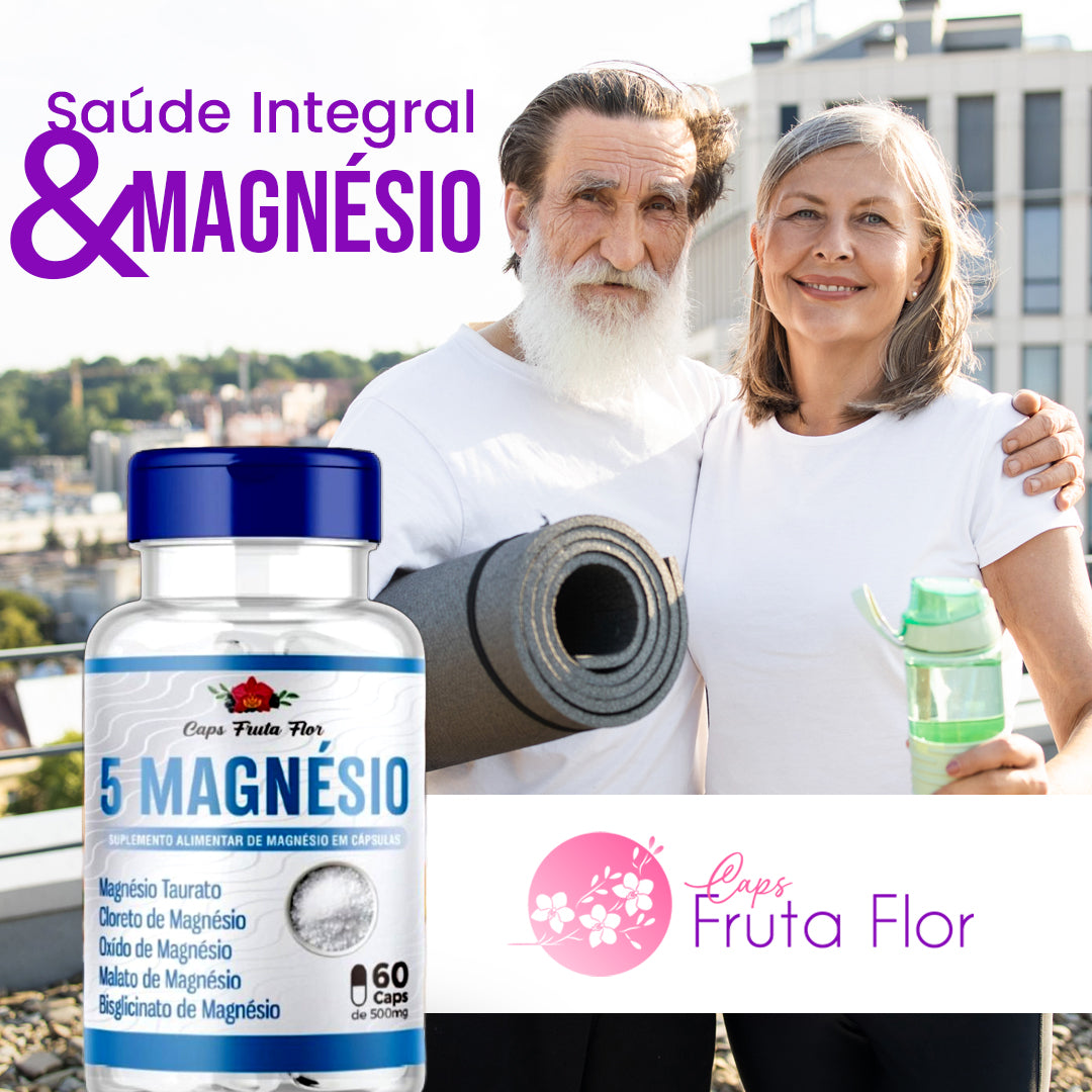 Kit 3 frascos 5 Magnésio 500mg Poderoso com total de 180 cápsulas Original - Caps Fruta Flor