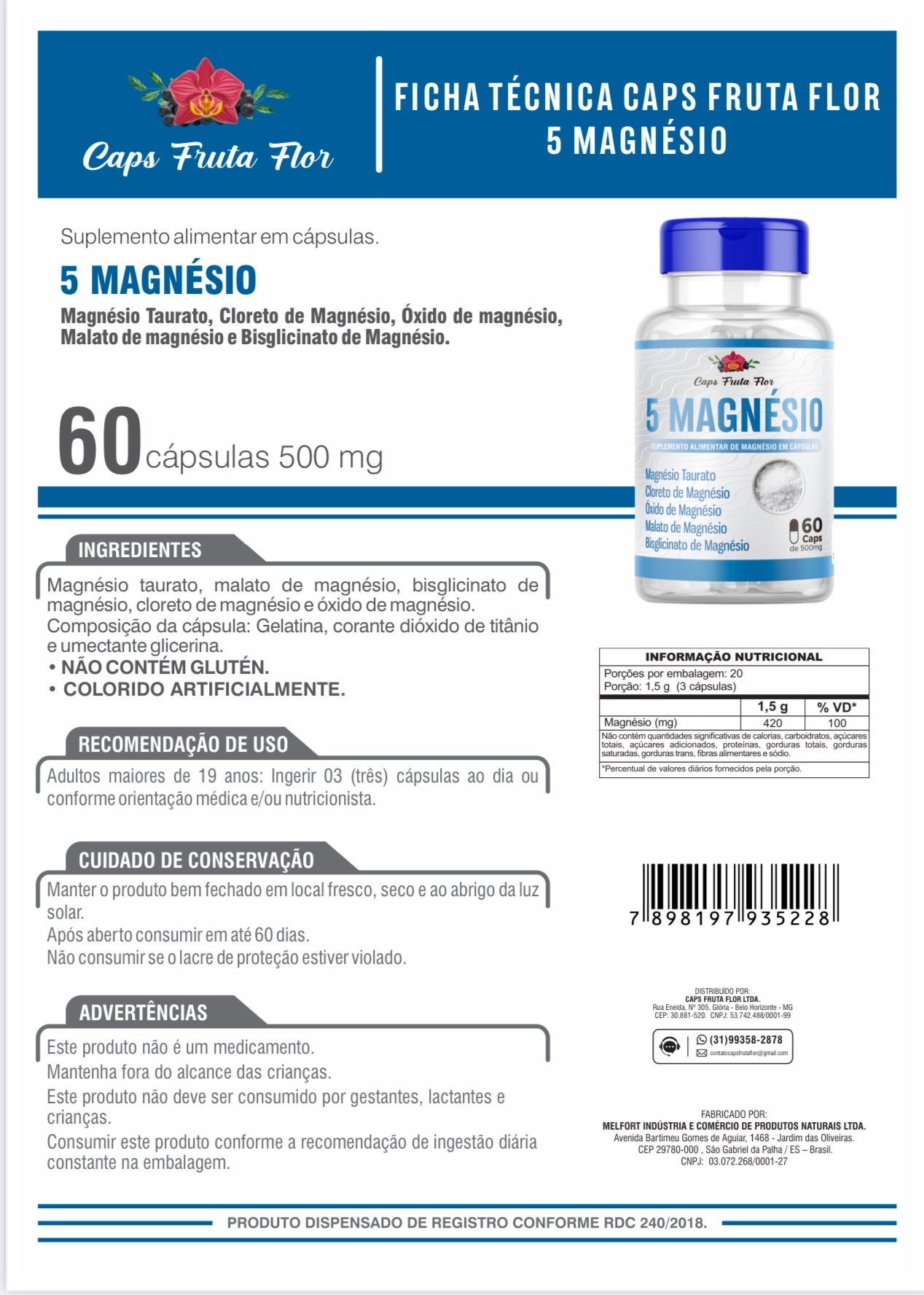 5 Magnésio 500mg Poderoso Suplemento Alimentar com 60 cápsulas Original - Caps Fruta Flor