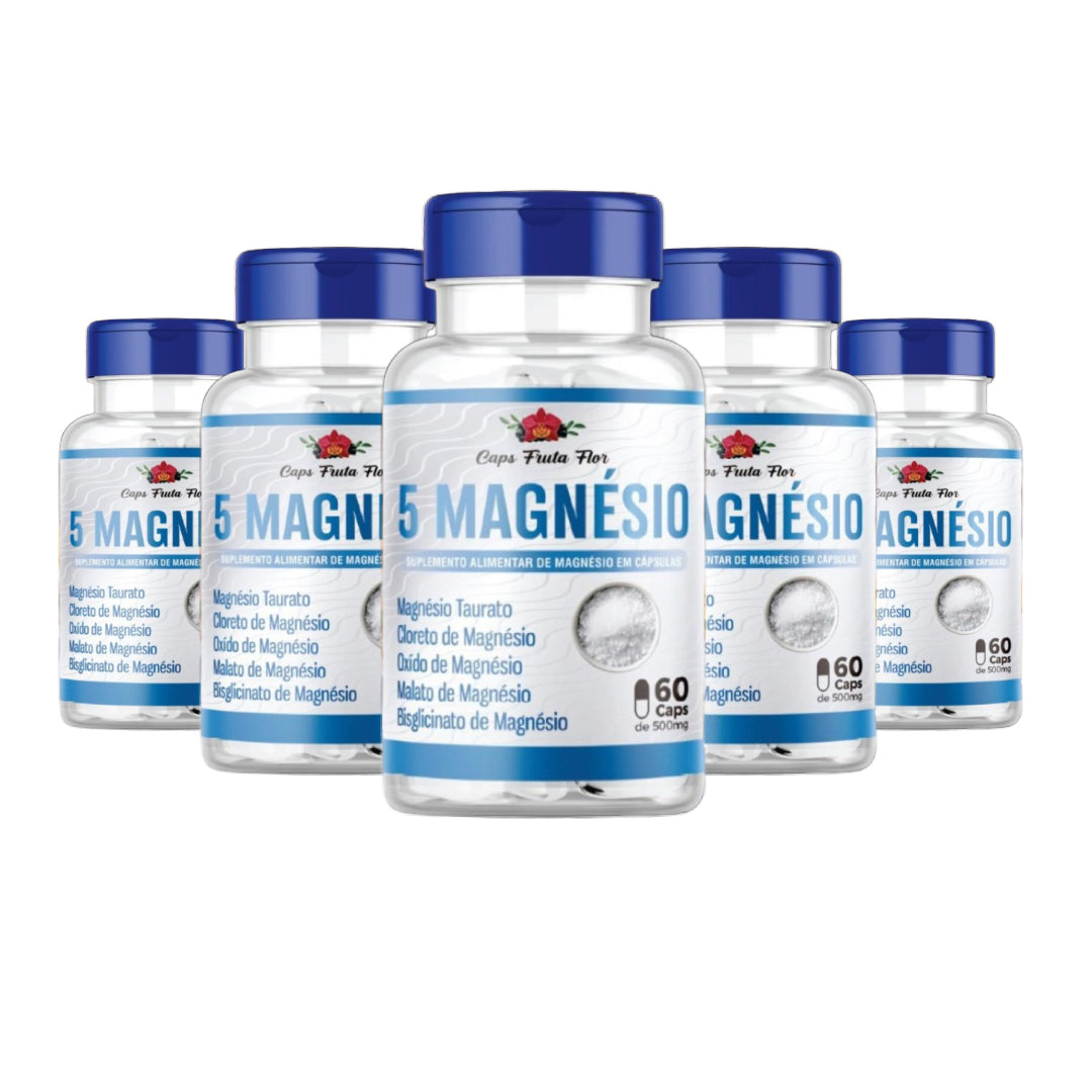 Kit com 5 frascos de 5 Magnésio 500mg Poderoso 300 cápsulas Original - Caps Fruta Flor