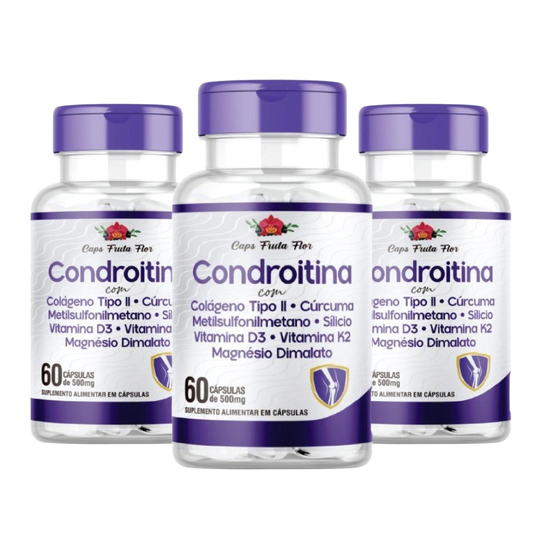 Kit 3 Frascos Condroitina 500mg 180 Cápsulas Colágeno Cúrcuma Metilsulfonilmetano Silício V d3 V K2 Magnésio - Caps Fruta Flor