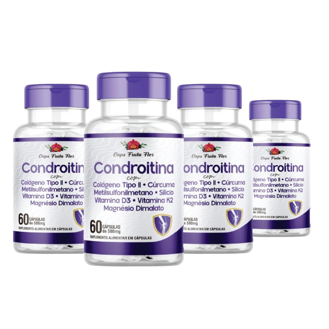 Kit 4 Frascos Condroitina 500mg 240 Cápsulas Colágeno Cúrcuma Metilsulfonilmetano Silício V d3 V K2 Magnésio - Caps Fruta Flor