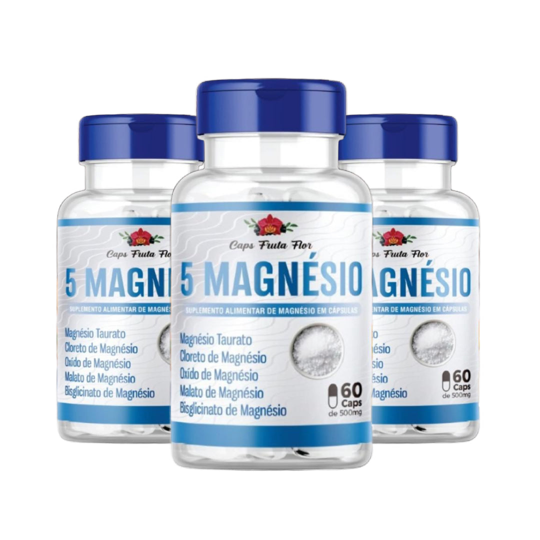 Kit 3 frascos 5 Magnésio 500mg Poderoso com total de 180 cápsulas Original - Caps Fruta Flor
