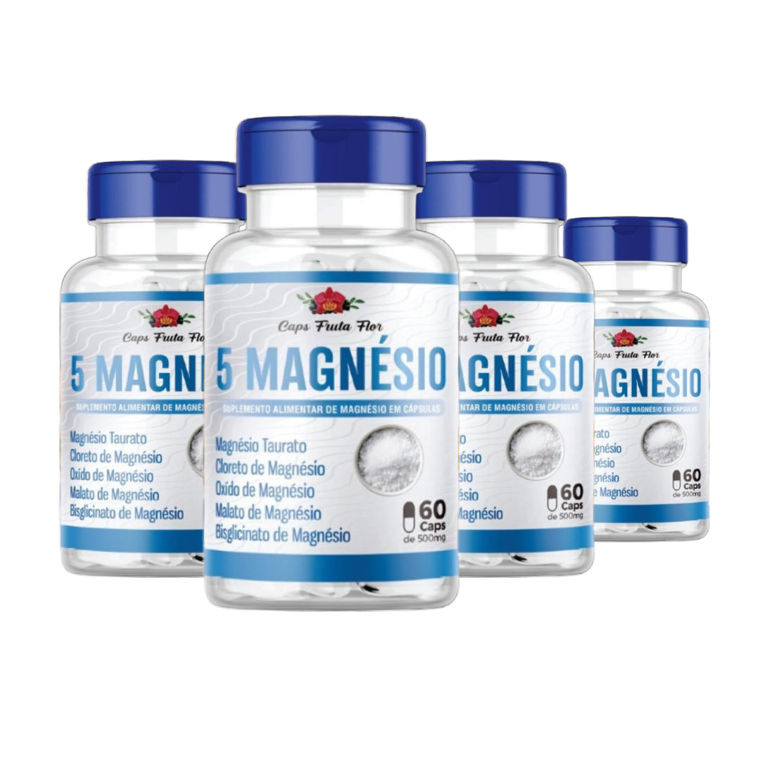 Kit com 4 frascos de 5 Magnésio 500mg Poderoso 240 cápsulas Original - Caps Fruta Flor