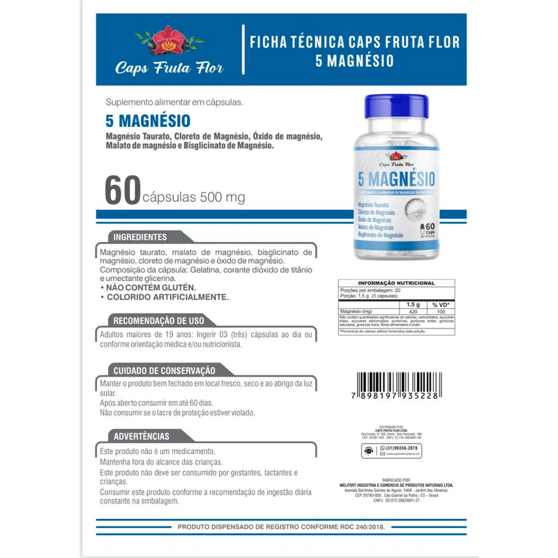 Kit com 2 frascos 5 Magnésio 500mg Poderoso suplemento Alimentar com 60 cápsulas Original - Caps Fruta Flor