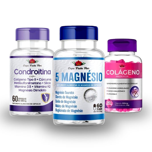 kit 3 Suplementos Colageno + 5 Magnesio + Condroitina 60 Caps cada - Caps Fruta Flor
