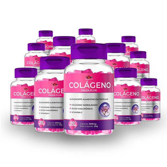 Kit 12 Colagéno Hidrolisado Caps Fruta Flor 500mg 720 Cáps Acido hialuronico + Vitamina C + Trans Resveratrol + Zinco