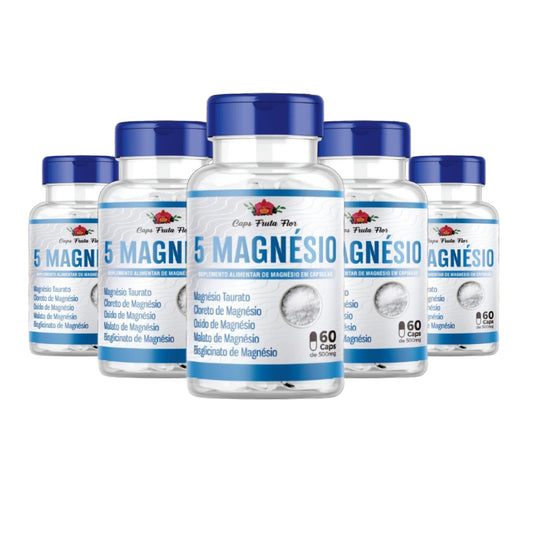 Kit com 5 frascos de 5 Magnésio 500mg Poderoso 300 cápsulas Original - Caps Fruta Flor