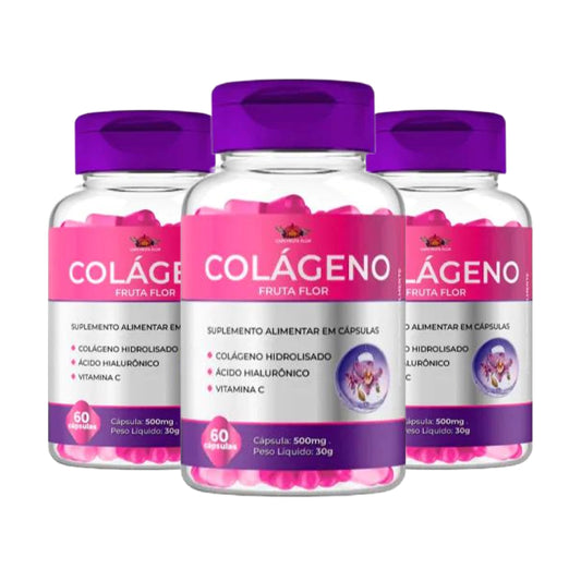 Kit 3 Colagéno Hidrolisado Caps Fruta Flor 500mg 180 Cápsulas Acido hialuronico + Vitamina C + Trans Resveratrol + Zinco