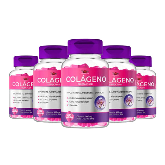 Kit 5 Colagéno Hidrolisado Caps Fruta Flor 500mg 300 Cápsulas Acido hialuronico + Vitamina C + Trans Resveratrol + Zinco