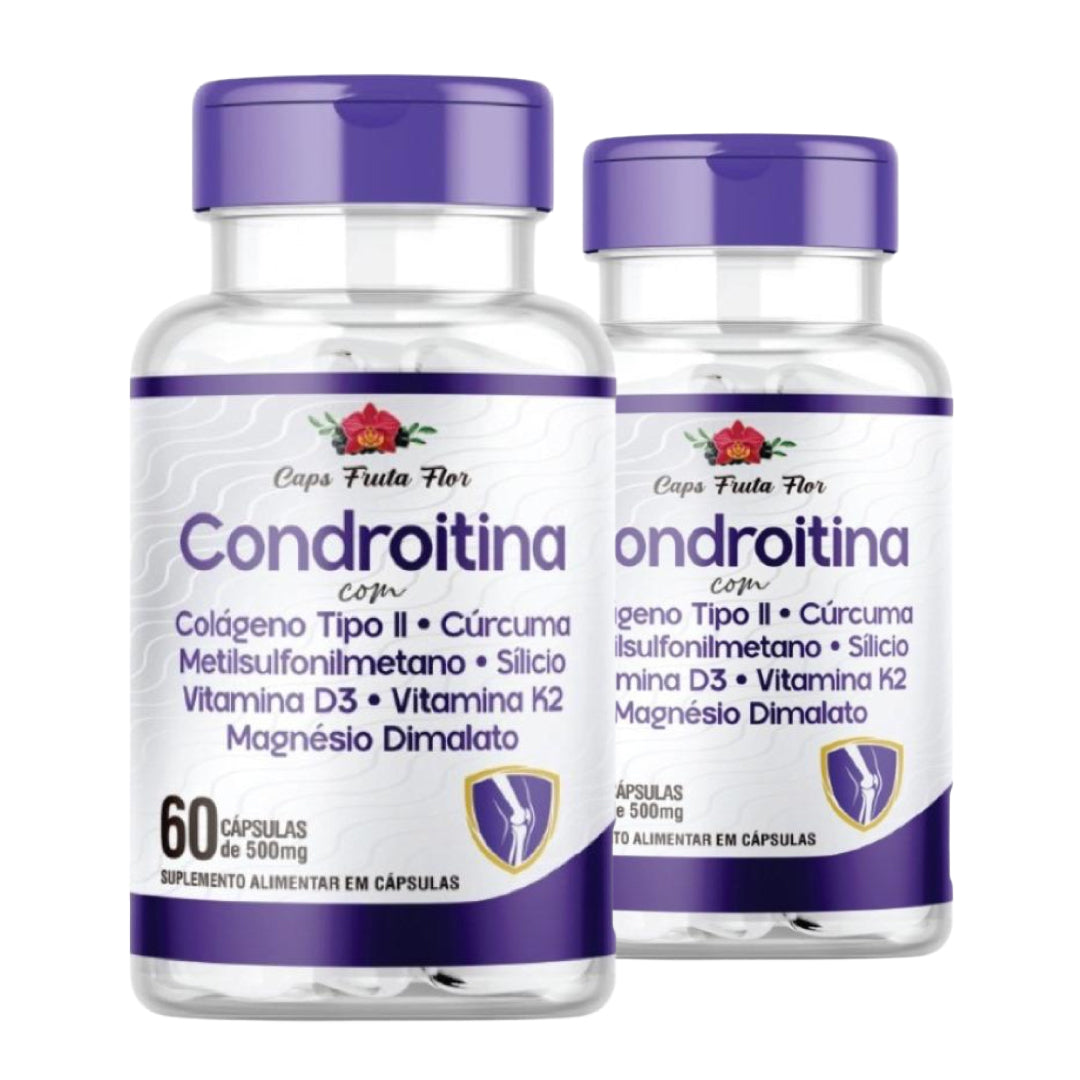 Kit com 2 frascos Condroitina 500mg 120 Cápsulas Colágeno Cúrcuma Metilsulfonilmetano Silício V d3 V K2 Magnésio - Caps Fruta Flor