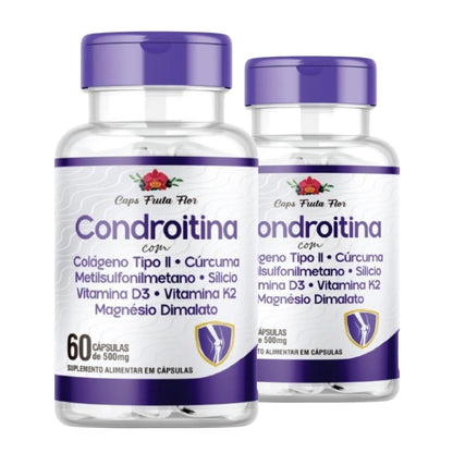 Kit com 2 frascos Condroitina 500mg 120 Cápsulas Colágeno Cúrcuma Metilsulfonilmetano Silício V d3 V K2 Magnésio - Caps Fruta Flor