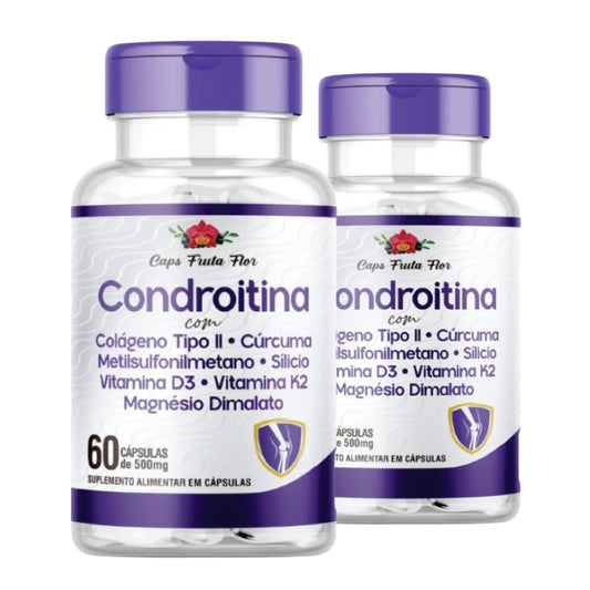Kit com 2 frascos Condroitina 500mg 120 Cápsulas Colágeno Cúrcuma Metilsulfonilmetano Silício V d3 V K2 Magnésio - Caps Fruta Flor