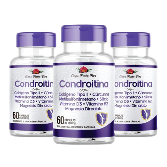 Kit 3 Frascos Condroitina 500mg 180 Cápsulas Colágeno Cúrcuma Metilsulfonilmetano Silício V d3 V K2 Magnésio - Caps Fruta Flor