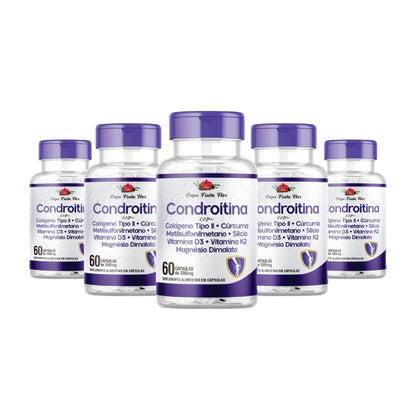 Kit com 5 Frascos Condroitina 500mg 300 Cápsulas Colágeno Cúrcuma Metilsulfonilmetano Silício V d3 V K2 Magnésio - Caps Fruta Flor