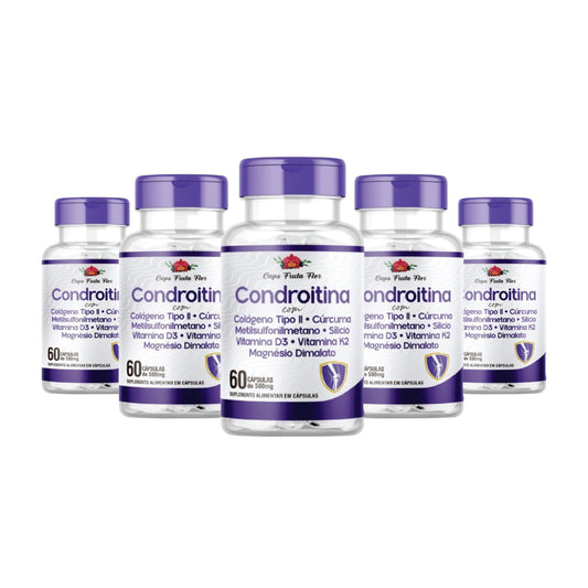 Kit com 5 Frascos Condroitina 500mg 300 Cápsulas Colágeno Cúrcuma Metilsulfonilmetano Silício V d3 V K2 Magnésio - Caps Fruta Flor