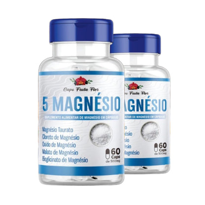 Kit com 2 frascos 5 Magnésio 500mg Poderoso suplemento Alimentar com 60 cápsulas Original - Caps Fruta Flor