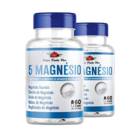 Kit com 2 frascos 5 Magnésio 500mg Poderoso suplemento Alimentar com 60 cápsulas Original - Caps Fruta Flor