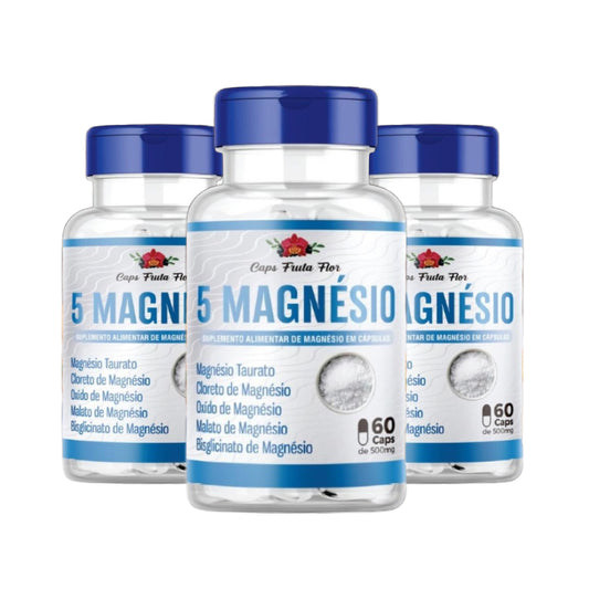 Kit 3 frascos 5 Magnésio 500mg Poderoso  com total de 180 cápsulas Original - Caps Fruta Flor