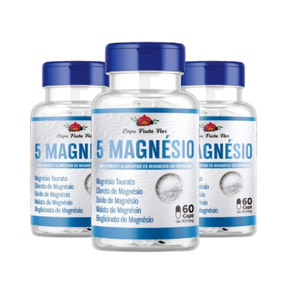 Kit 3 frascos 5 Magnésio 500mg Poderoso  com total de 180 cápsulas Original - Caps Fruta Flor