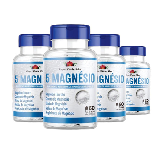 Kit com 4 frascos de 5 Magnésio 500mg Poderoso 240 cápsulas Original - Caps Fruta Flor